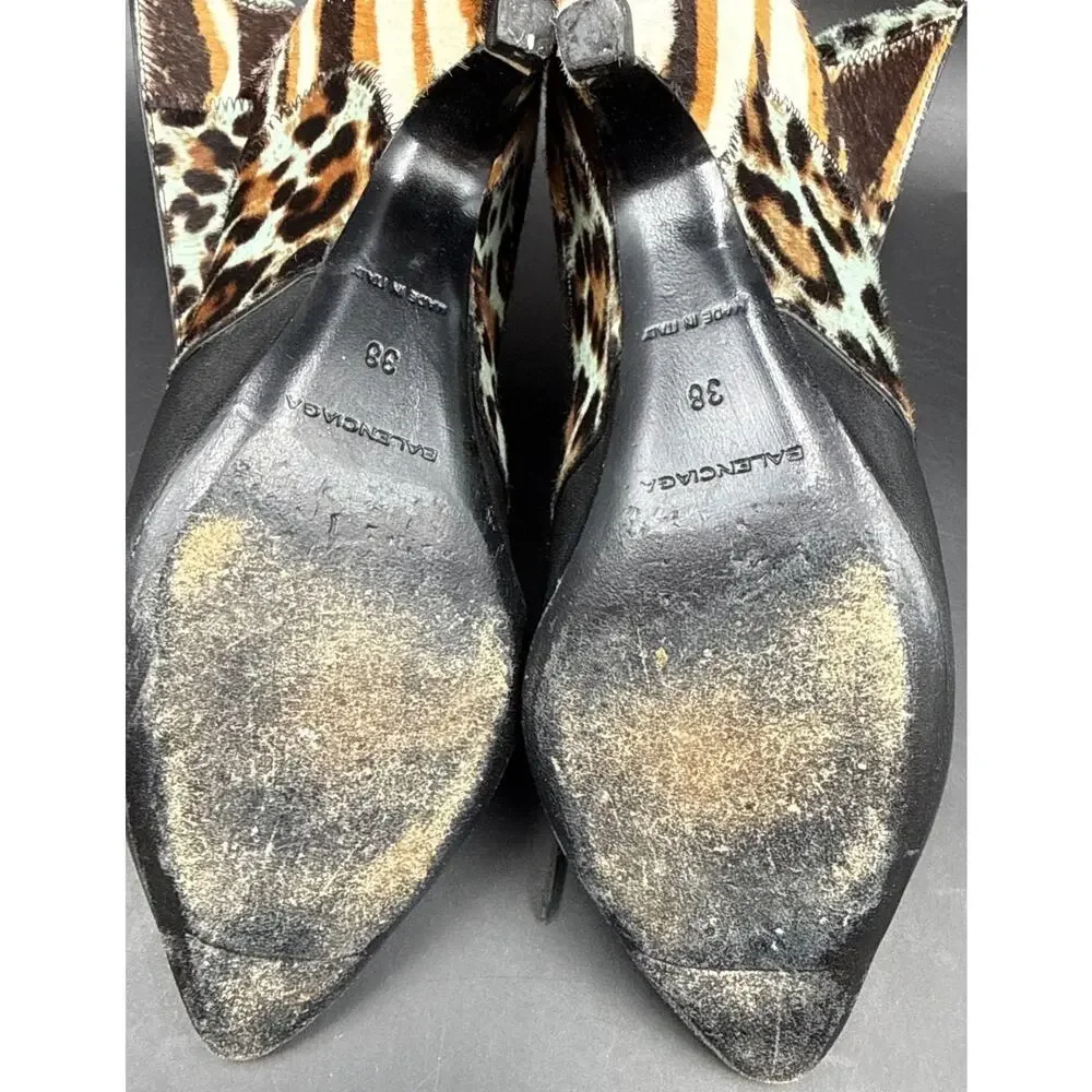 Balenciaga Animal Print Patchwork Pony Hair Leather Ankle Boots Size 38 - Picture 3 of 7
